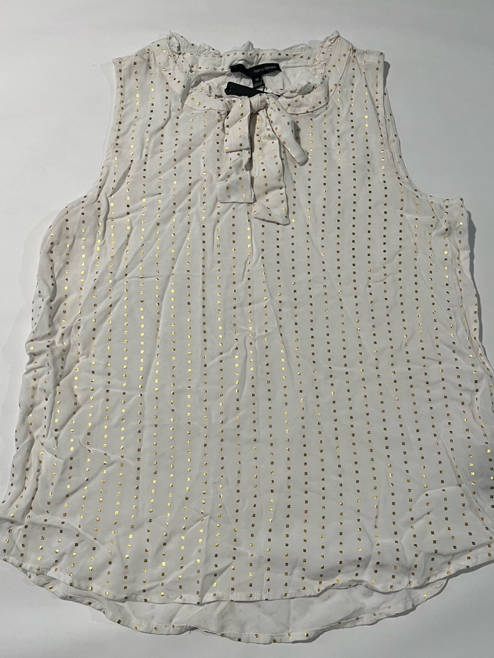 Sleeveless Viscose Rayon Tie-Neck Blouse with Gold Dot Print NWT